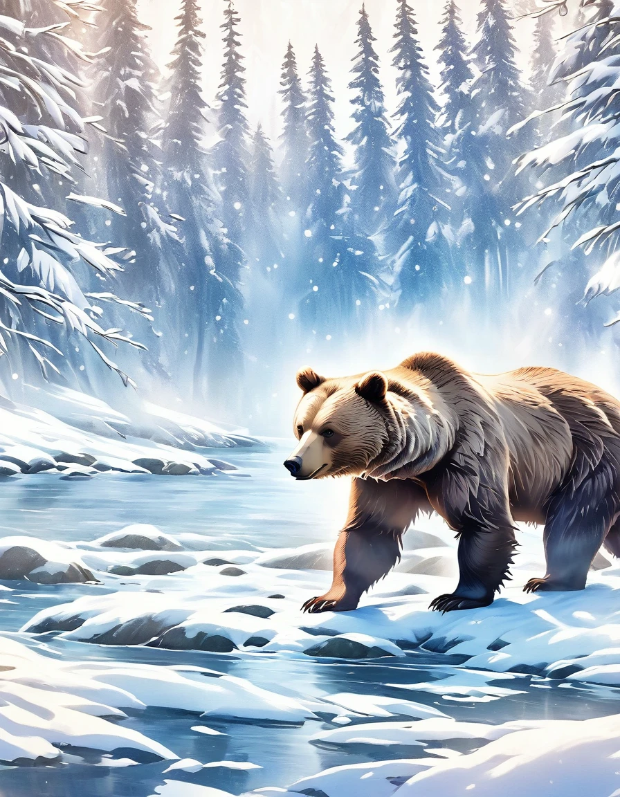 Ink style，A brown bear stands on the bank of a forest river，Striking a threatening pose,Snow Fairy Tale