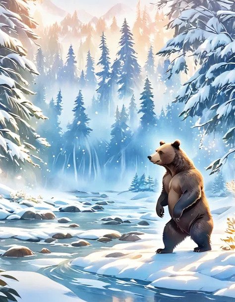 ink style，a brown bear stands on the bank of a forest river，striking a threatening pose,snow fairy tale