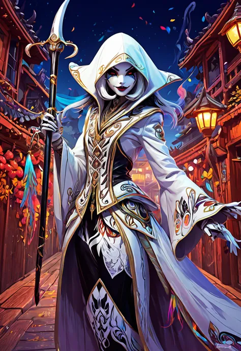 a medium quality illustration of "white reaper, harlequinpunk, jaehra, panjang penuh" in a colorful, vibrant, fantasy style, cha...