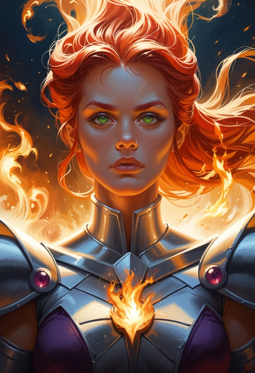 a close up of a person with a fire and flames on their body, she has fire powers, appears as the fire goddess, starfire, electric woman, portrait of ororo munroe, x-men storm, goddess of lightning, she is attracting lightnings, fire goddess, glowing aura around her, the sorceress casting a fireball ,Black vortex storm 