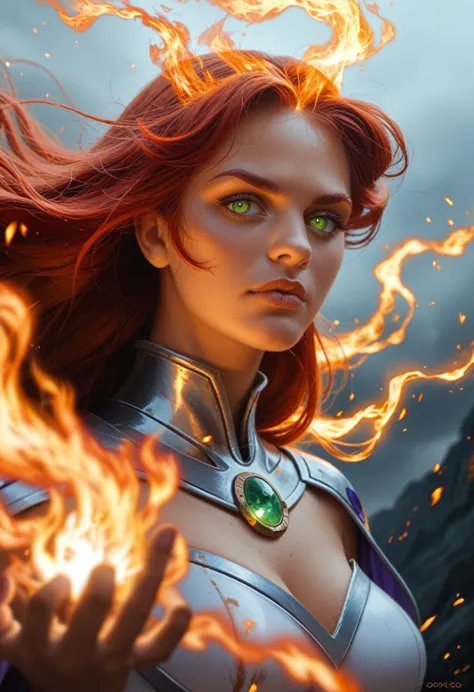 a close up of a person with a fire and flames on their body, she has fire powers, appears as the fire goddess, starfire, electri...