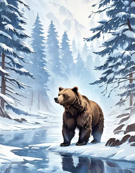 ink style，a brown bear stands on the bank of a forest river，striking a threatening pose,snow fairy tale