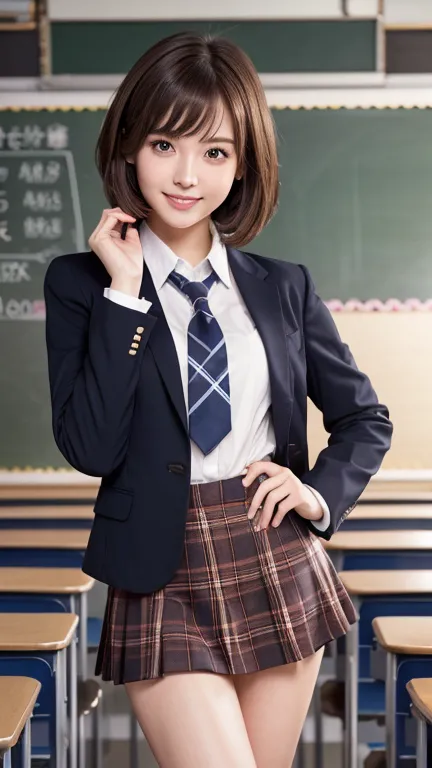 product quality,1 person,low angle,(realistic),young and cute japan,daytime, ((high school classroom:1.2)),schoolgirl uniform,bl...