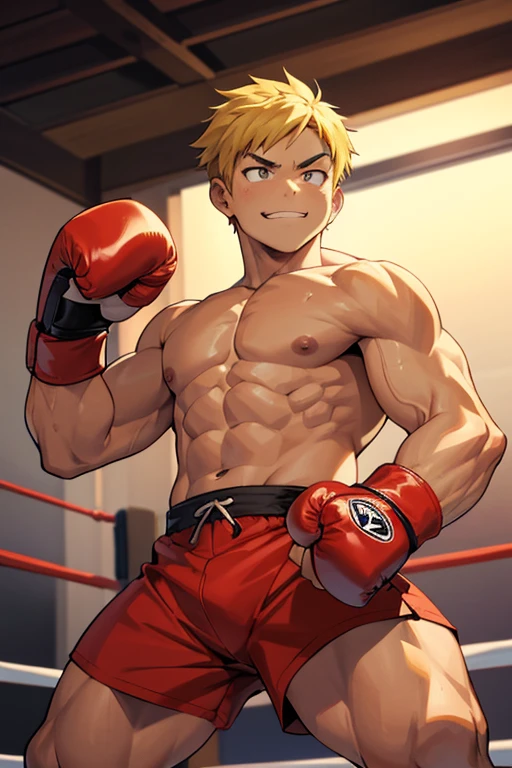 fighting game character, young boxer boy, in boxing stance, child, big boxing glove, blond, topless, 2d concept art, smirk