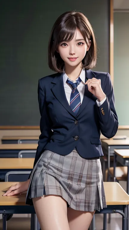 product quality,1 person,low angle,(realistic),young and cute japan,daytime, ((high school classroom:1.2)),schoolgirl uniform,bl...