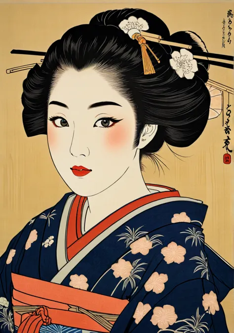 (ukiyo-e:1.9)、woodblock print、sharaku、cute japanese town girl、14 talents、intricate kimono patterns、delicate facial features、a ha...