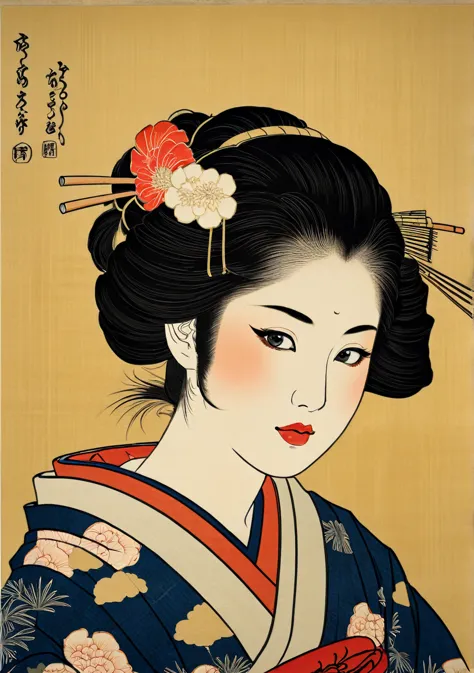 (ukiyo-e:1.9)、woodblock print、sharaku、cute japanese town girl、14 talents、intricate kimono patterns、delicate facial features、a ha...