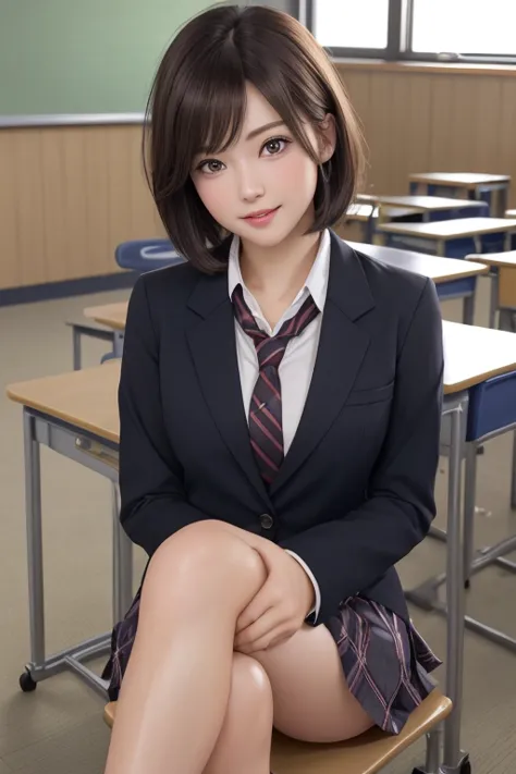 product quality,1 person,low angle,(realistic),young and cute japan,daytime, ((high school classroom:1.2)),schoolgirl uniform,bl...