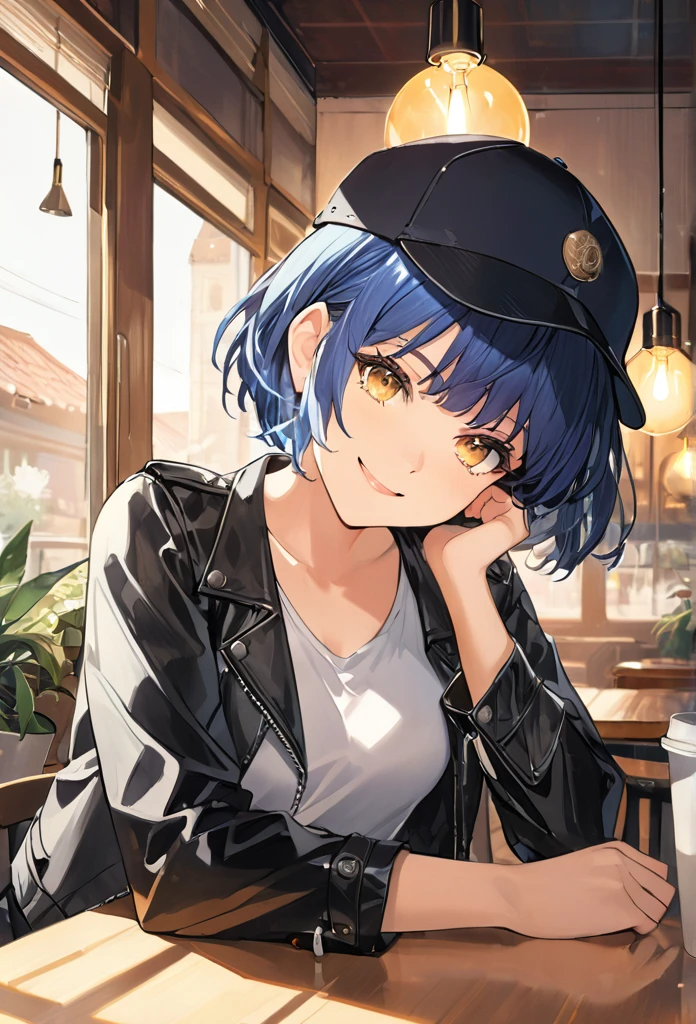 masterpiece, best quality, absurdres, score_9, score_8_up, score_7_up, source_anime, 1girl, yellow eyes, room, medium hair, pixie bob haircut, navy blue hair, happy face, portrait, starshadowmagician, solo, Adult woman, best perfect anatomy, Pose with hands tucked behind ears, Cheek resting on hand, cafe, indoors, window, crowd, sitting, steam, looking at viewer, black baseball cap, Black Front-Open leather Jacket with white tank top, black trousers, upper body, smile, Shooting up close, Shooting from the side, hanging light, ceiling light, potted plant,