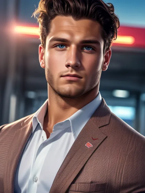 close up photo of nick bosa , parking lot, shirt, pants, suit, work clothes, looking at viewer, cinematic lighting, detailed fac...