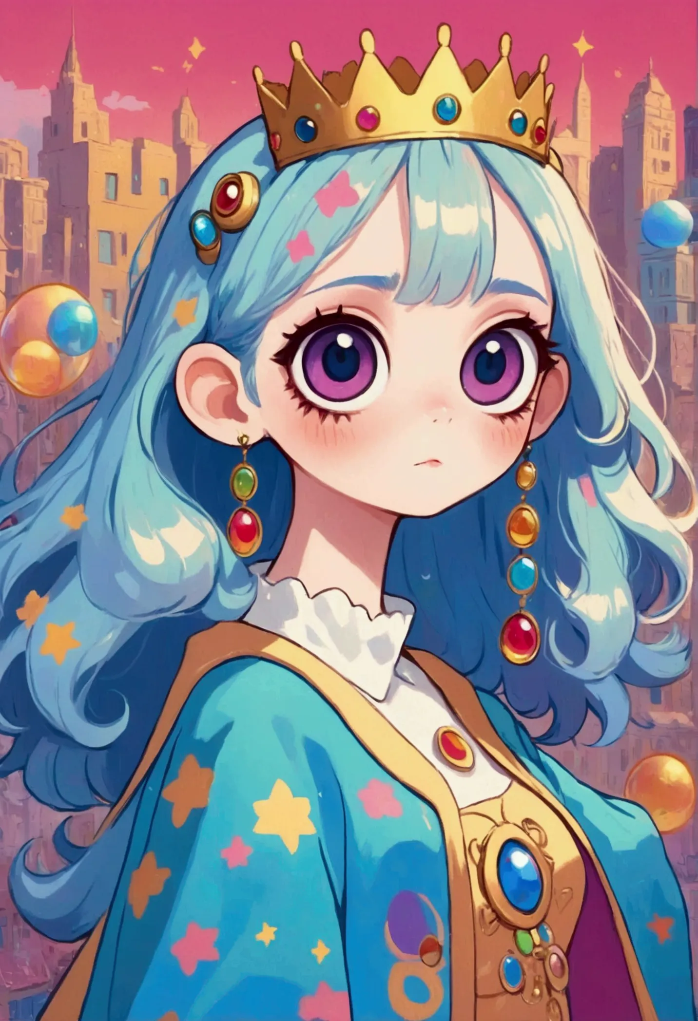 big eyes、cartoon girl with a crown on her head, lo-fi girl, anime atmosphere, rich and colorful illustration, cute cartoon, love...