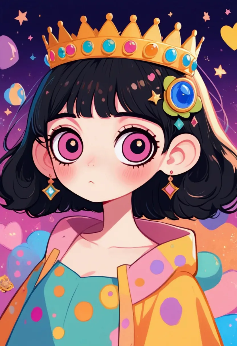 big eyes、cartoon girl with a crown on her head, lo-fi girl, anime atmosphere, rich and colorful illustration, cute cartoon, love...