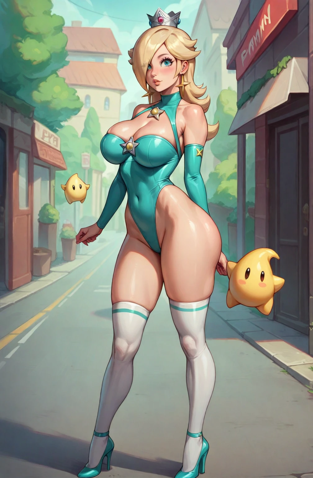 Rosalina from Mario bros, with stockings posing on the street, shiny skin, realistic shading perfect body, standing, perfectly shaded body, blonde goddess, spy family anya costume x, High resolution, on the city street, girl sexy, Big ass, Big boobs.