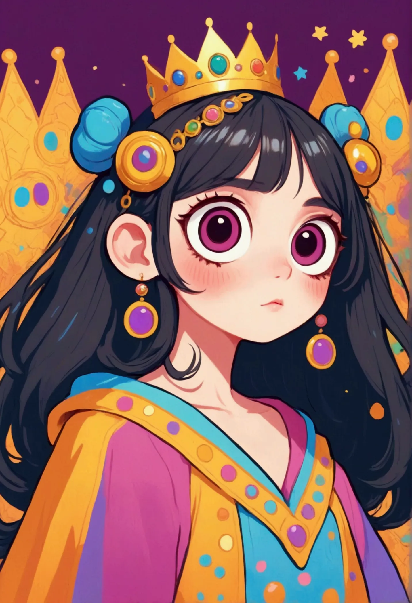 big eyes、cartoon girl with a crown on her head, rich and colorful illustration, cute cartoon, lovely art style, rich and colorfu...