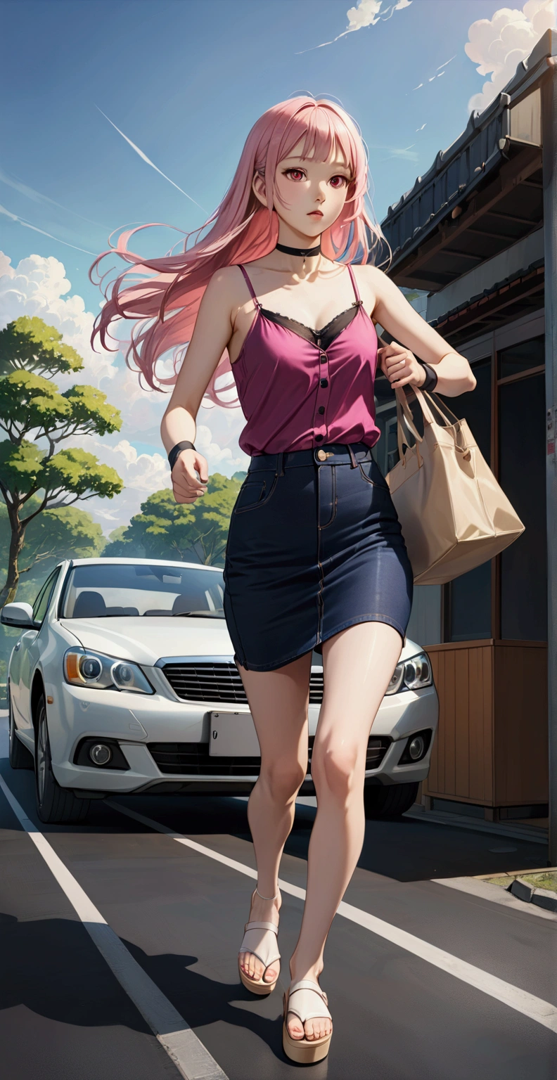 realistic anime illustration of  young woman, (marin kitagawa, long hair, bangs, blonde hair, red eyes, multicolored hair, pink hair), is carrying her bag and running along road, car parking, she wearing black choker, black wristband, magenta camisole, dark navy-blue denim pencil skirt, beige platform sandals, (1girl, solo, full body), (masterpiece, best quality, japanese anime style), (expressive eyes, perfect face)