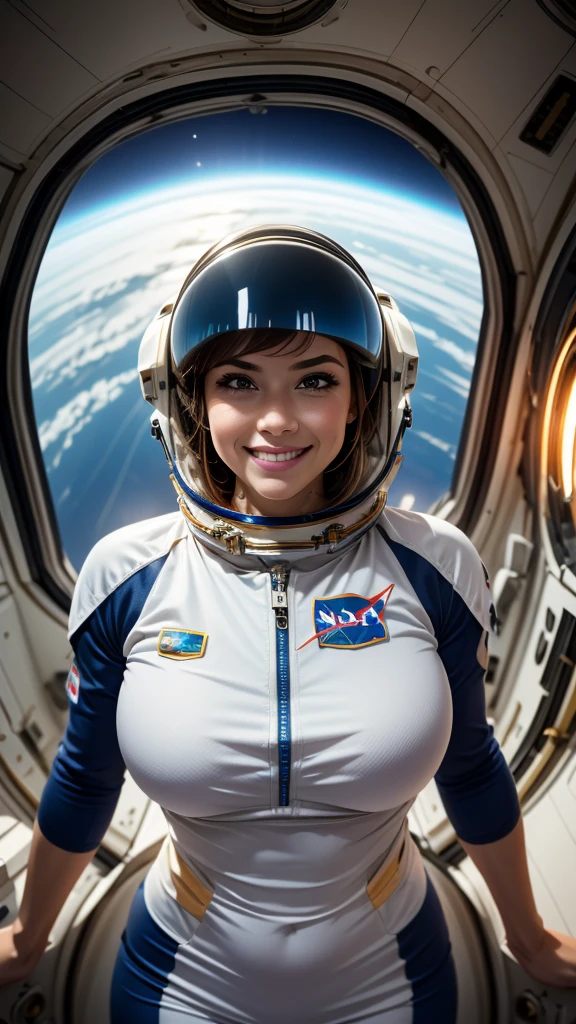 beautiful girl,  floating in zero gravity, smiling, moist skin, full figure, topless, bottom half of bulky spacesuit, realistic NASA spacesuit and helmet, blonde hair floating, tiny breasts, onboard space station, Earth outside, sunbeam shining in through round viewport, floating spanner, floating screwdrivers, floating bolts, dramatic light, deep shadows, tight-fitting astronaut suit 