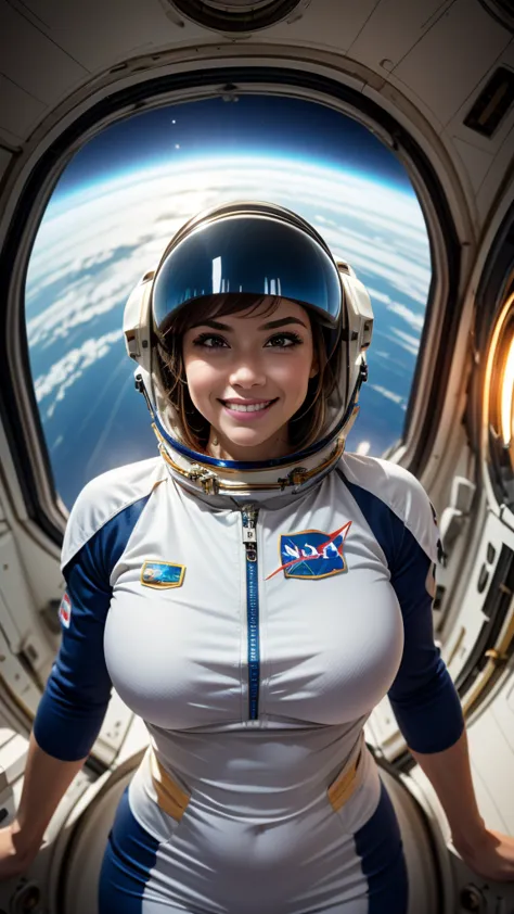 beautiful girl,  floating in zero gravity, smiling, moist skin, full figure, topless, bottom half of bulky spacesuit, realistic ...