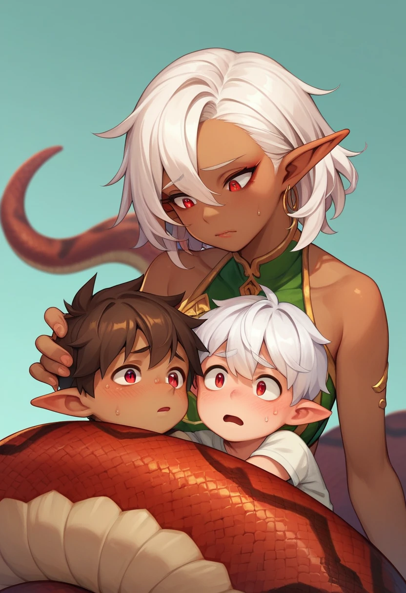 Sharply Focused, clean art, 1boy, boyish, snake tail, lamia boy, shota, brown skin, white hair, red eyes, Vertical pupils, elf ears, grinning boy, wrapped around woman, distressed woman held by snake boy