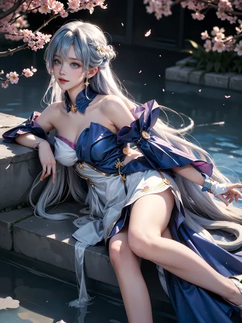 honkaistarrail_robin,1girl, blue long hair,blue eyes,(halation,head wings),blue&white dress, high heels,（(girl lying in the pool...