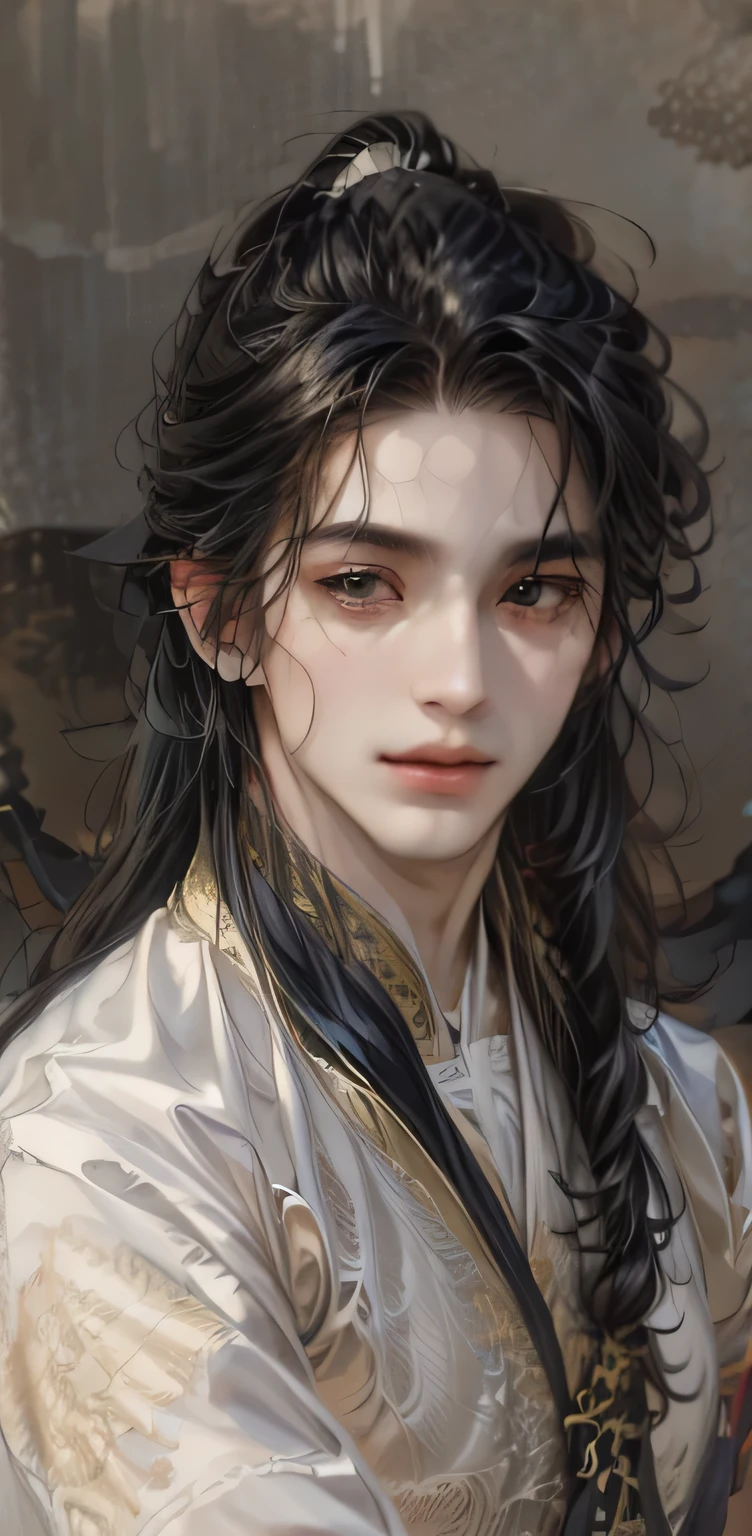 ((Best quality)), ((masterpiece)), (detailed), ((perfect face)), ((halfbody)) handsome face, male, teen boy,  perfect proportions , and his lover, long hair, male version , detailed workshop background, detailedscenery background 