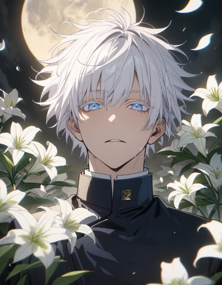 Absurd, High resolution, Super detailed, High resolution, masterpiece, Highest quality, Satoru Gojo, male,Beautiful Face,White hair with bangs, Expressive blue eyes, Short Hair, White eyelashes, JUJUTSU KAİSEN, 1 person, good looking, petal, White Lily, moon, fire Fly