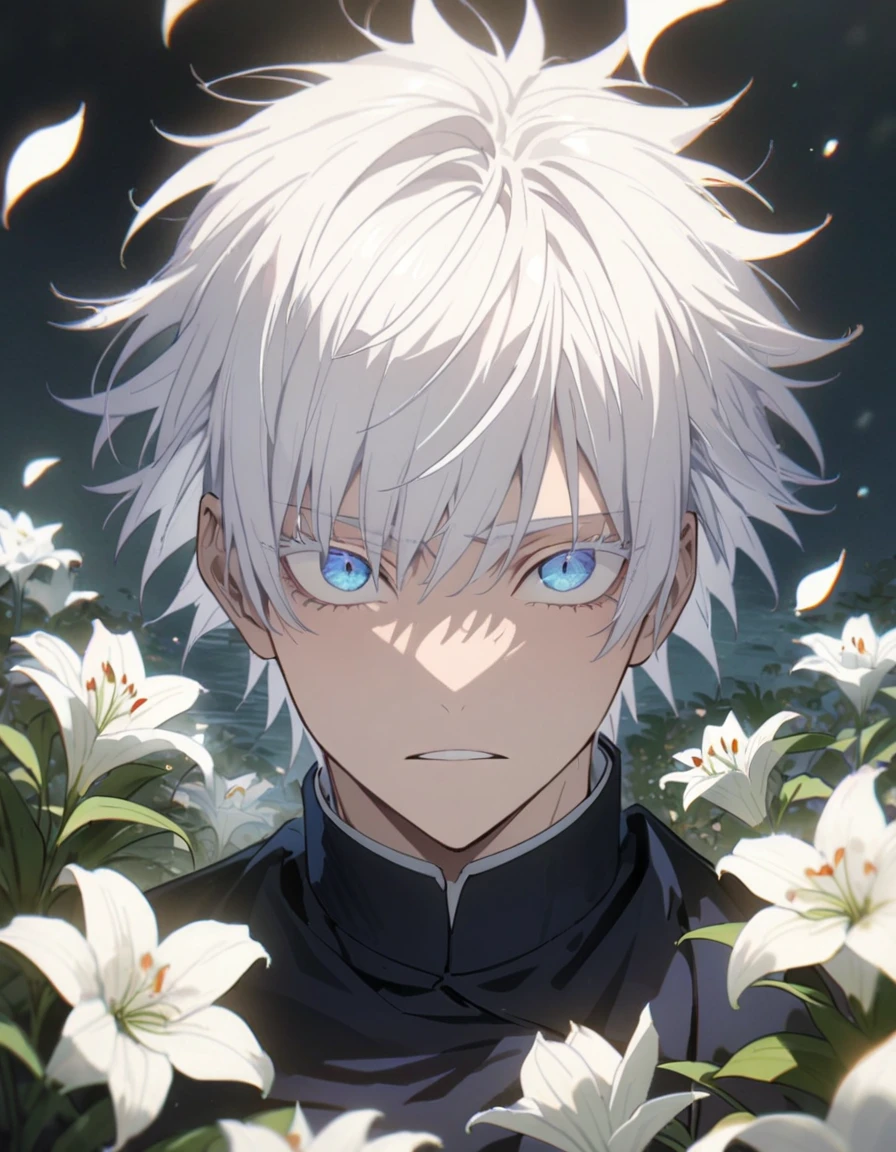 Absurd, High resolution, Super detailed, High resolution, masterpiece, Highest quality, Satoru Gojo, male,Beautiful Face,White hair with bangs, Expressive blue eyes, Short Hair, White eyelashes, JUJUTSU KAİSEN, 1 person, good looking, petal, White Lily, moon, fire Fly