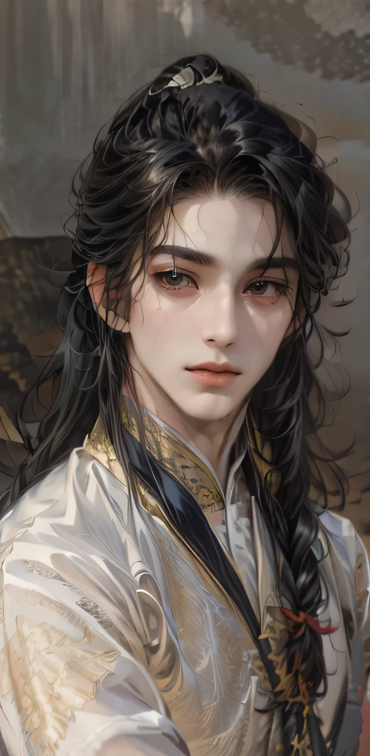 ((Best quality)), ((masterpiece)), (detailed), ((perfect face)), ((halfbody)) handsome face, male, teen boy,  perfect proportions , and his lover, long hair, male version , detailed workshop background, detailedscenery background 