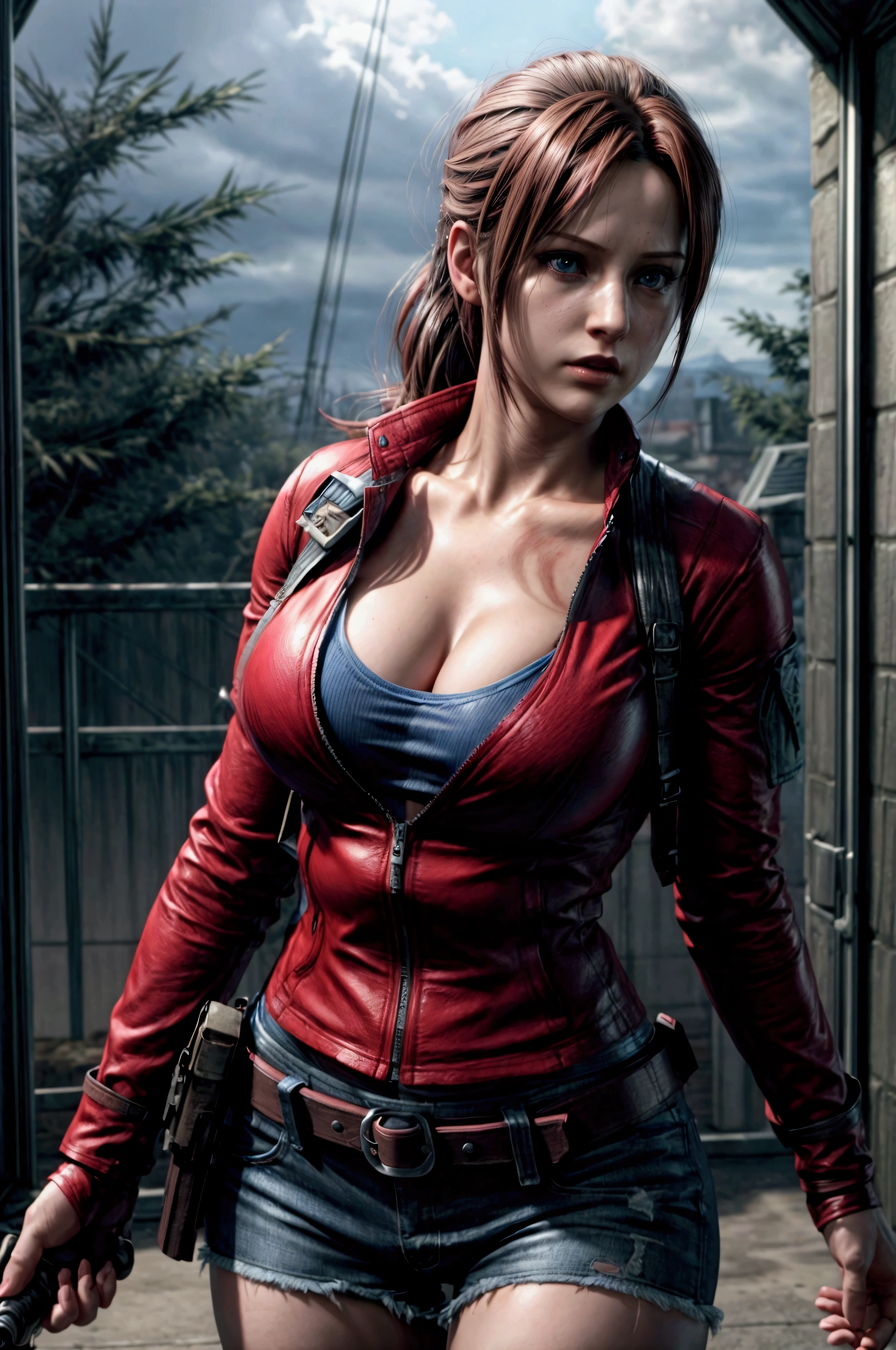 claire redfield, sexy pose, 3 size breasts, blue shorts, tight t-shirt, red jacket, military belts and straps, realistic skin, ulltra realistic art, feminine body,