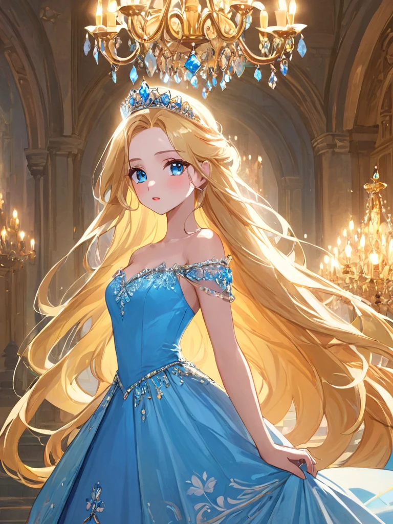 masterpiece,Highest quality,One Woman,Princess,Princess,Western-style castle,chandelier,Western-style interior,blonde,Long Hair,Long Hair,White skin,blue eyes,Big eyes,Light blue dress,tiara,confident eyes,beauty,beautiful