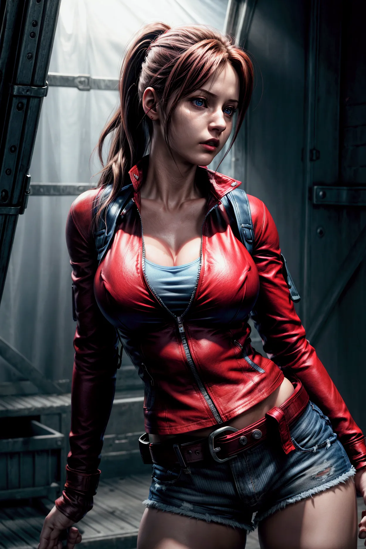 claire redfield, sexy pose, 3 size breasts, blue shorts, tight t-shirt, red jacket, military belts and straps, realistic skin, u...