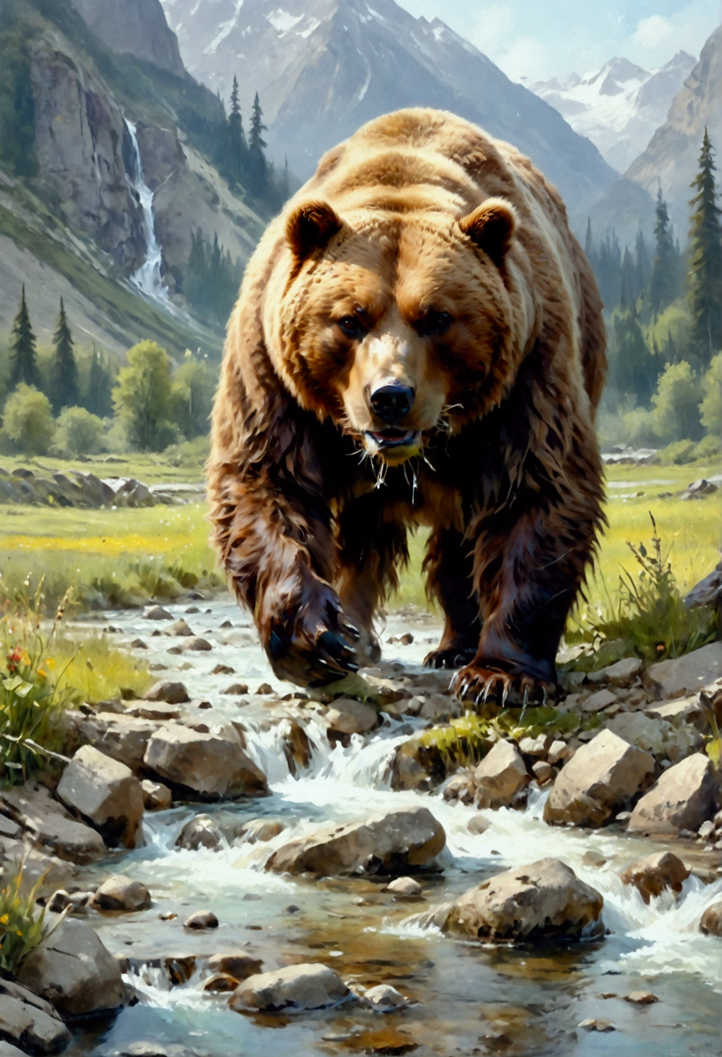 Arafed, an oil painting of a brown bear grazing in the meadows near a stream of water, wide shot, High Detail, Ultra High Quality, High Resolution, 16K Resolution, Ultra HD Pictures, Ultra Realistic, Clear Details, Realistic Detail, Ultra High Definition, oil pastel