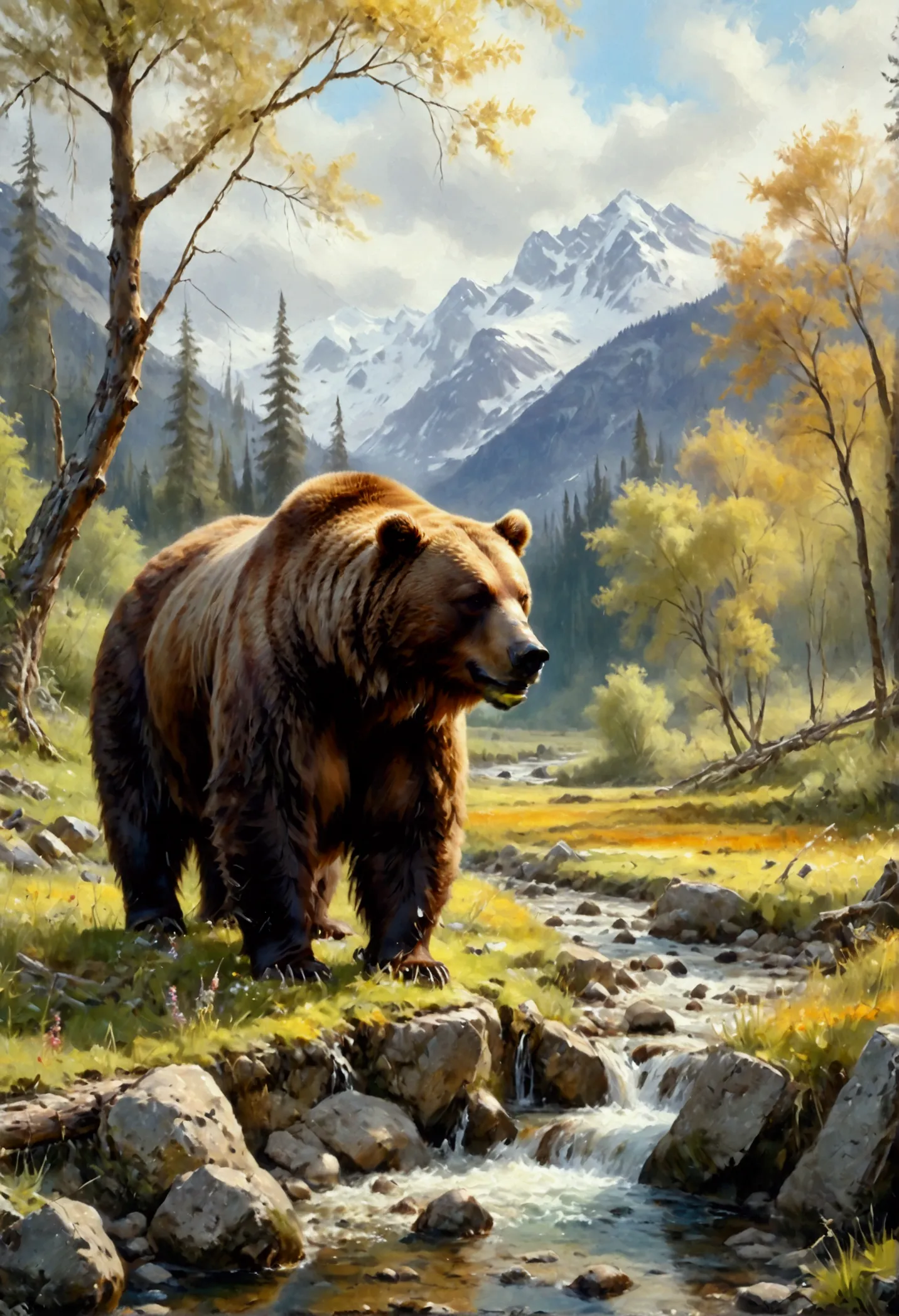 arafed, an oil painting of a brown bear grazing in the meadows near a stream of water, wide shot, high detail, ultra high qualit...