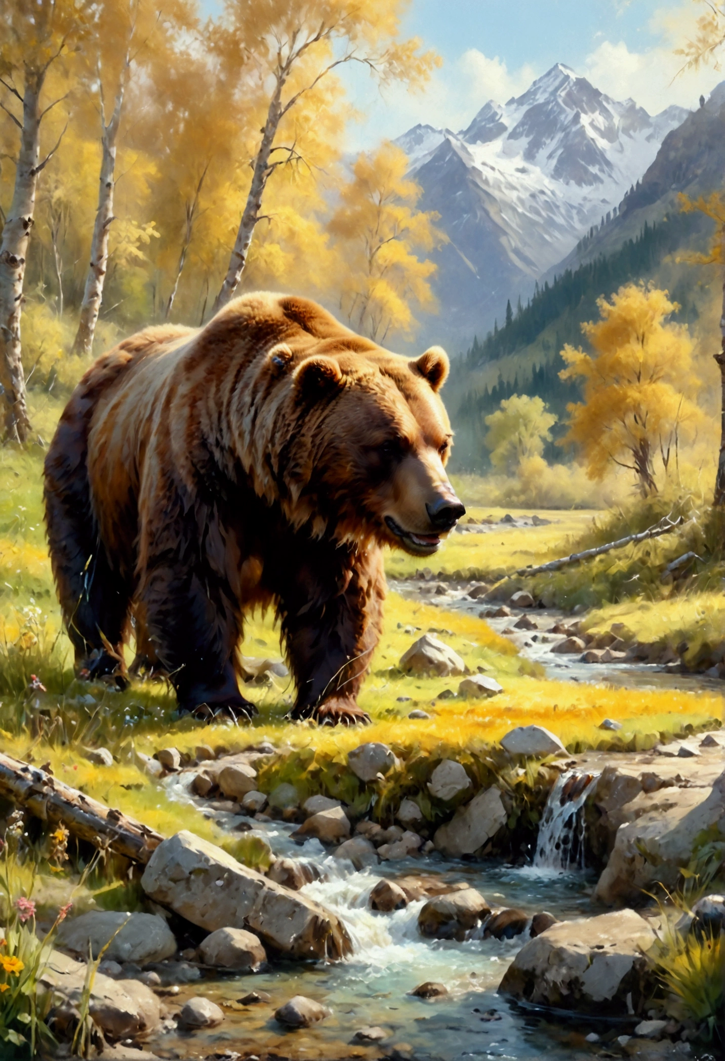 Arafed, an oil painting of a brown bear grazing in the meadows near a stream of water, wide shot, High Detail, Ultra High Quality, High Resolution, 16K Resolution, Ultra HD Pictures, Ultra Realistic, Clear Details, Realistic Detail, Ultra High Definition, oil pastel