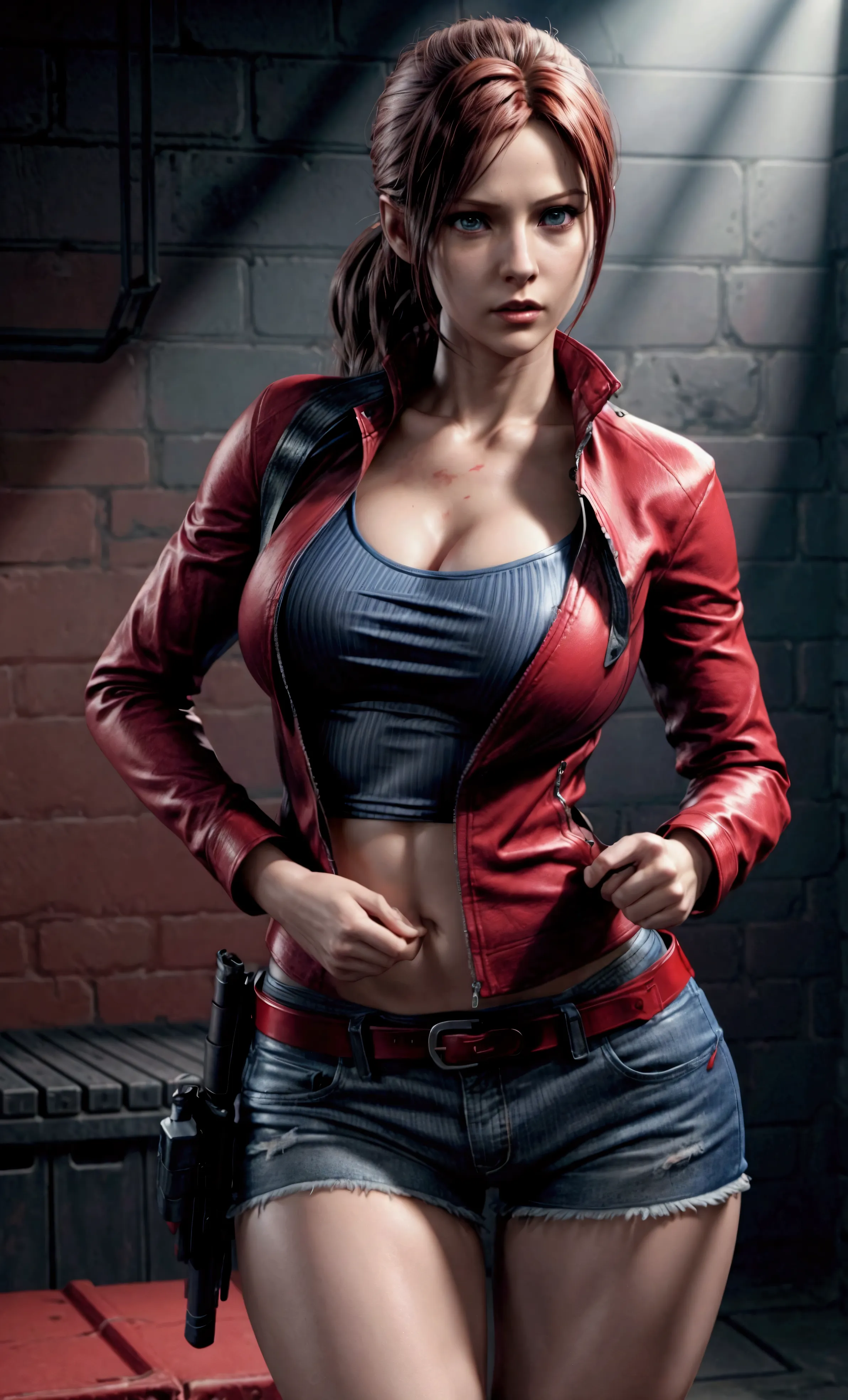 claire redfield, sexy pose, 3 size breasts, blue shorts, tight t-shirt, red jacket, military belts and straps, realistic skin, u...