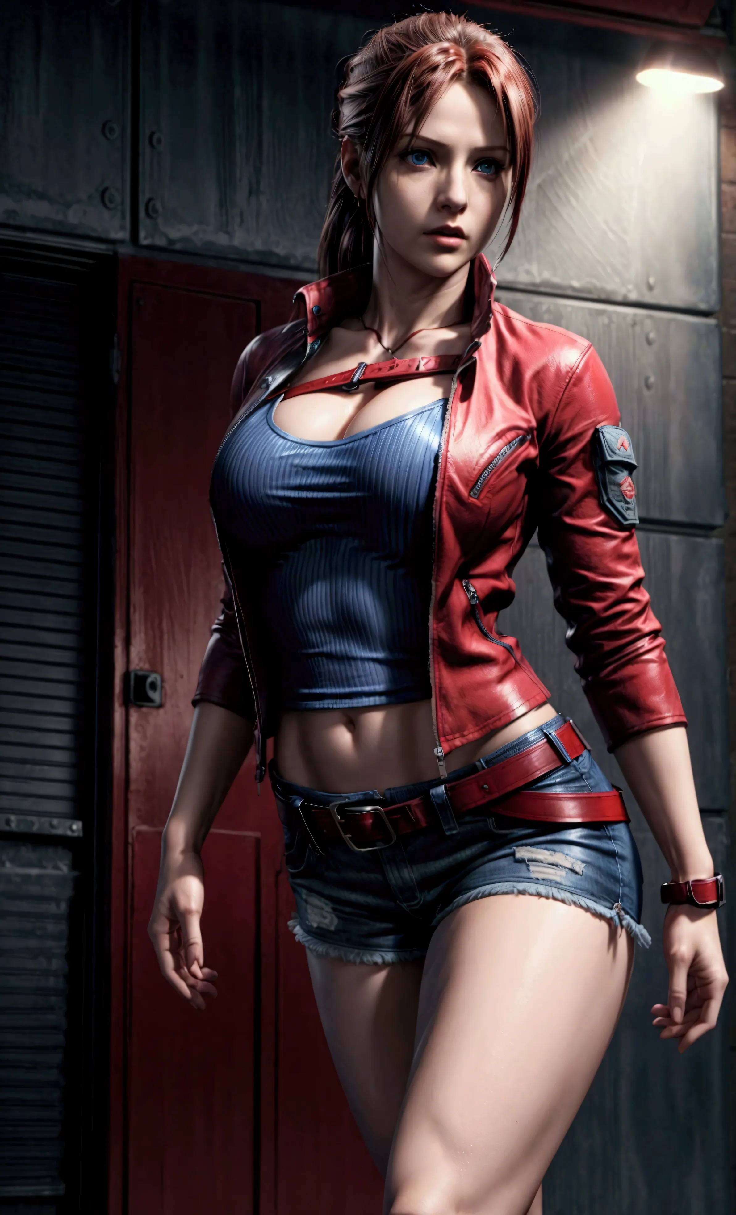 claire redfield, sexy pose, 3 size breasts, blue shorts, tight t-shirt, red jacket, military belts and straps, realistic skin, u...