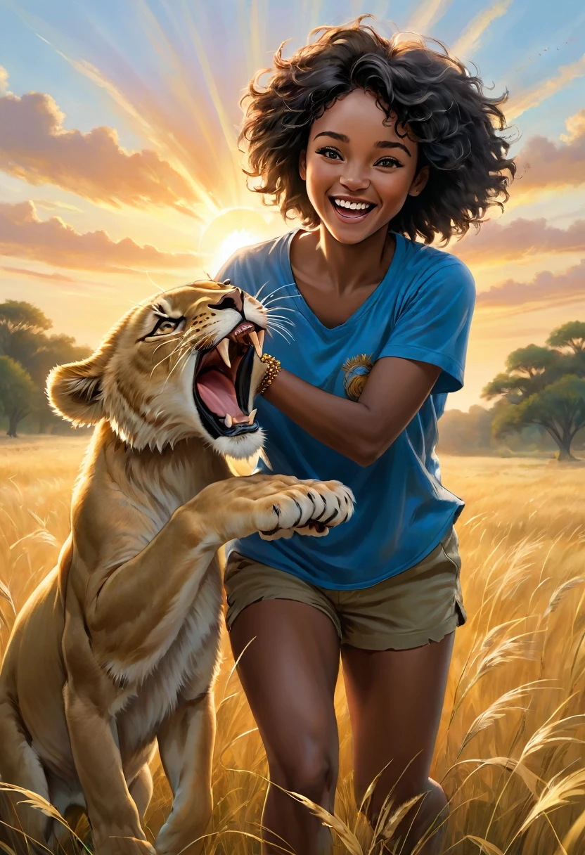 A dynamic, photorealistic image capturing a playful moment. It features a young African woman with short, curly black hair, laughing as she playfully wrestles with a mischievous lion cub. She is dressed in comfortable khaki shorts and a loose blue t-shirt that is completely torn. Her eyes sparkle with joy. The lion cub playfully bites at her torn t-shirt while she gently tries to hold it back. The two are positioned in the middle of a field of tall, golden grasses, with a spectacular sunset casting a warm glow over the scene. The woman wears a beaded bracelet. The sun is positioned just behind her, creating a backlit effect.