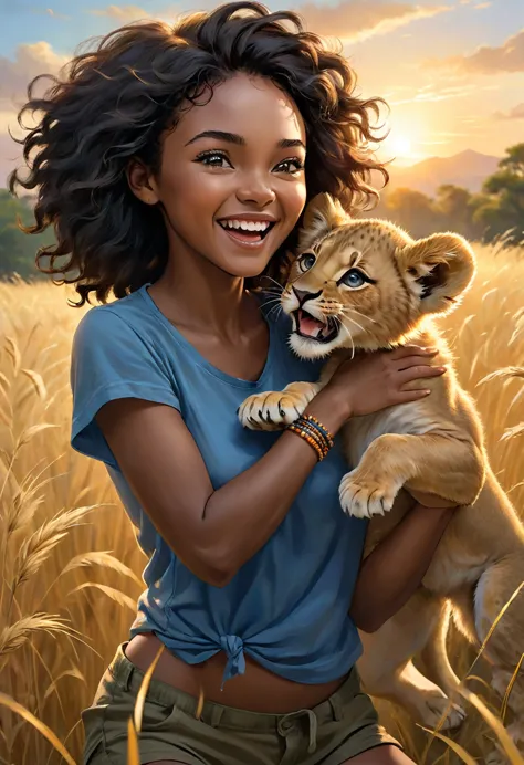 a dynamic, photorealistic image capturing a playful moment. it features a young african woman with short, curly black hair, laug...