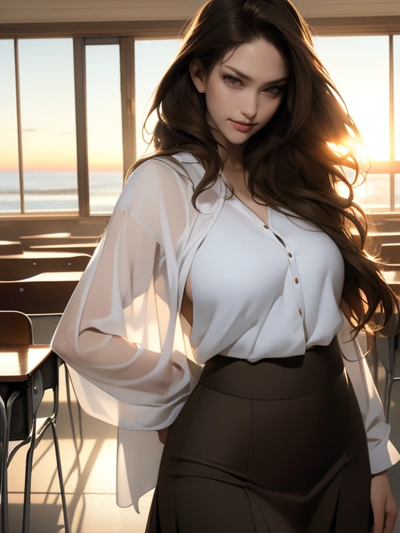 (8k,Photorealistic, masutepiece, Best Quality, Raw photo:1.3)、1woman in, 25years old,Solo,school girl, Long hair, Brown hair, Detailed beautiful face, alluring face, (Detailed beautiful brown eyes:1.2), sagging breasts,(loose suit, sheer Skirt :1.35), ( Perfect body skinny beauty: 1.4),( temptation Pose:1.3), (Looking at Viewer, front view,eyes focus:1.2), Detailed background, (sunset:1.2), classroom,fine detailed, intricate detailes,  Ray tracing, depth of fields, seductive smile,classroom,