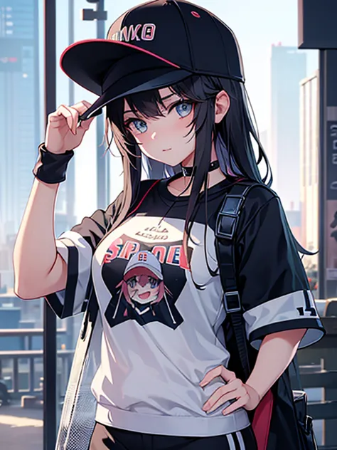 anime girl in a baseball cap and a baseball cap, cyberpunk art by shitao, pixiv, neoism, from girls&#39; frontline, enchanting a...