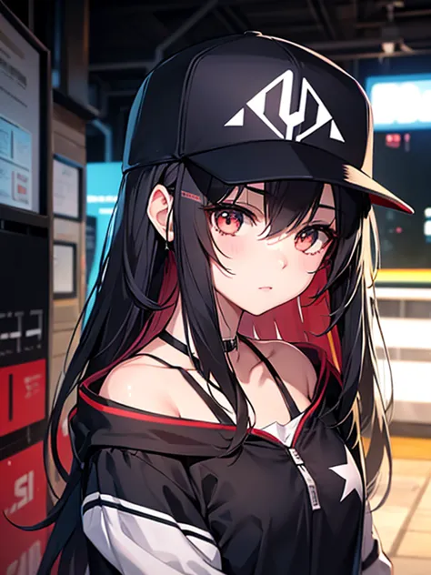 anime girl in a baseball cap and a baseball cap, cyberpunk art by shitao, pixiv, neoism, from girls&#39; frontline, enchanting a...