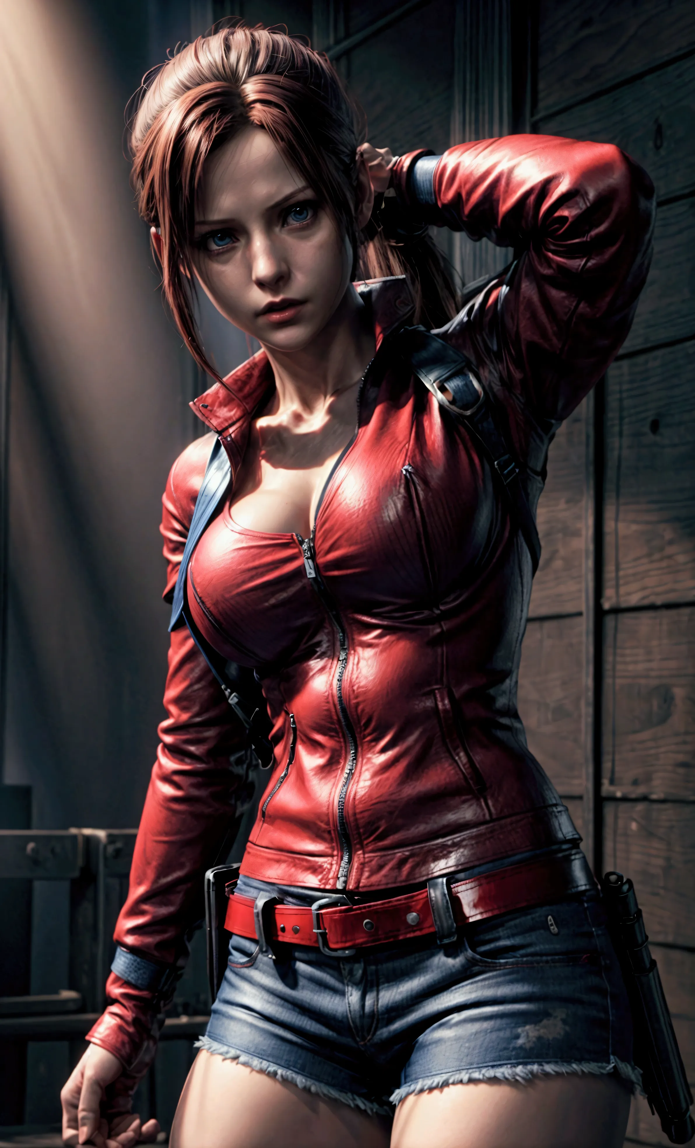 claire redfield, sexy pose, 3 size breasts, blue shorts, tight t-shirt, red jacket, military belts and straps, realistic skin, u...