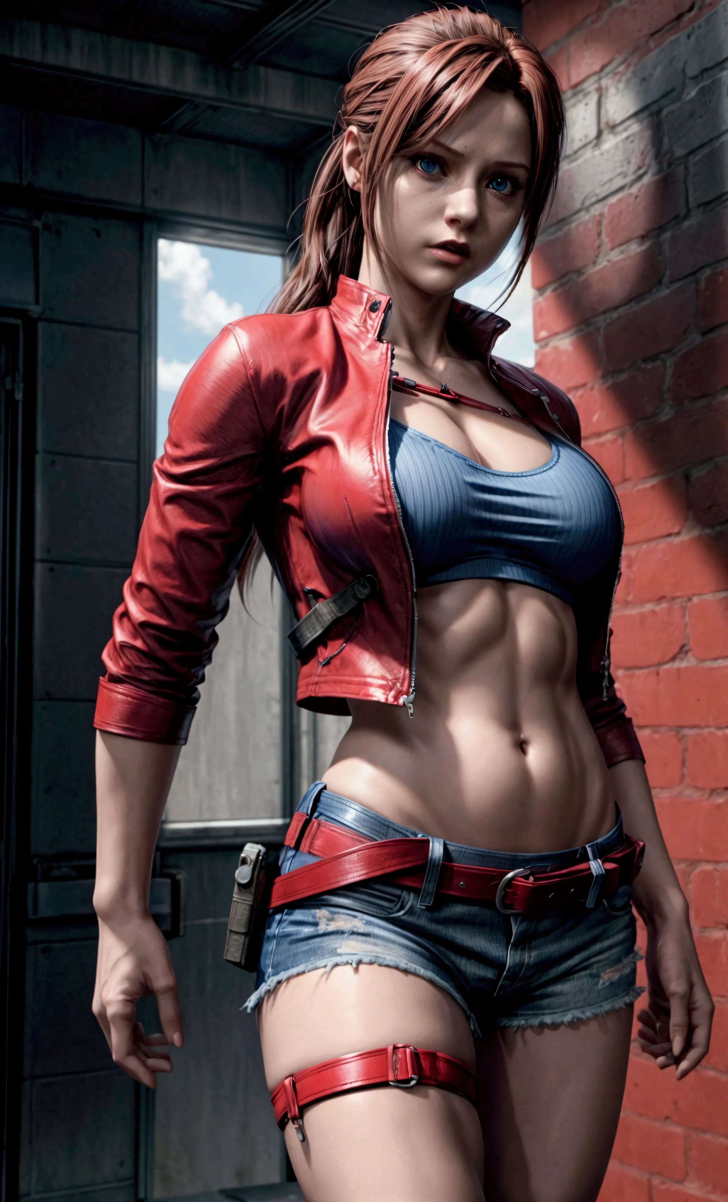 claire redfield, sexy pose, 3 size breasts, blue shorts, tight t-shirt, red jacket, military belts and straps, realistic skin, u...