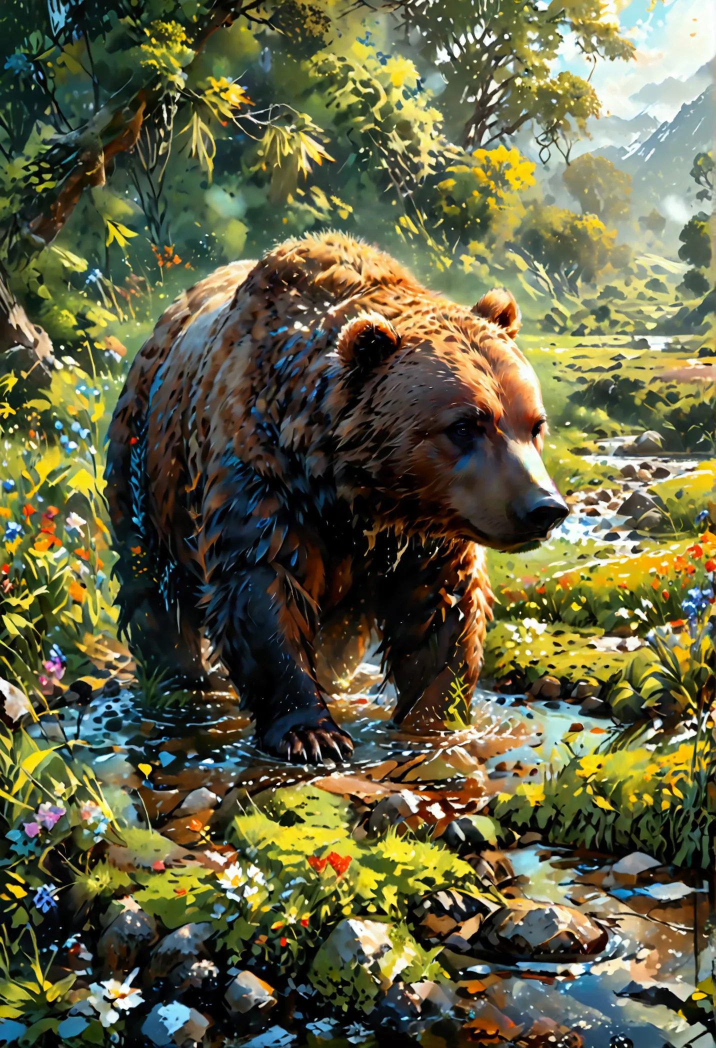 arafed, an oil painting of a brown bear grazing in the meadows near a stream of water, wide shot, high detail, ultra high qualit...