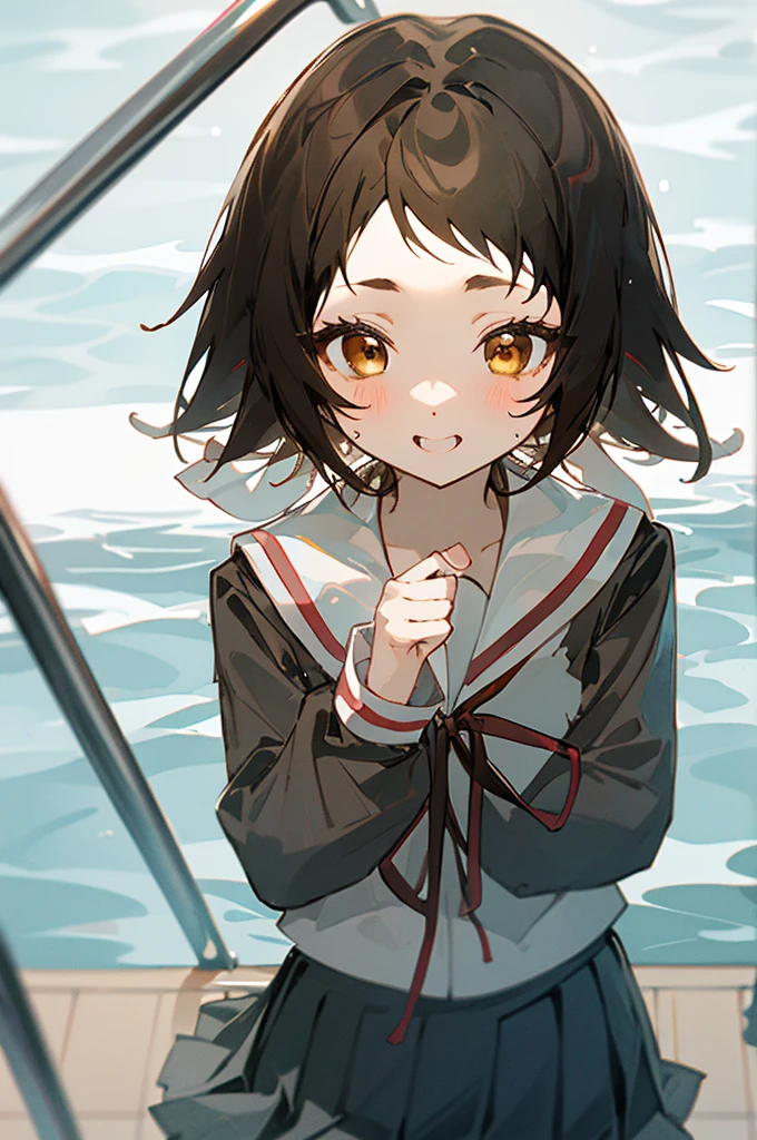 masterpiece, Highest quality, One Girl, Mashiro Mitsumine, (brown eyes:1.5), brown hair, Upper body, Pool、Water Play、seems to be happy、short hair, , Black-haired, Casual clothing, Frills,Top view、grey skirt, long sleeves, neck ribbon, red ribbon, ribbon, sailor collar, school uniform, skirt, white sailor collar,