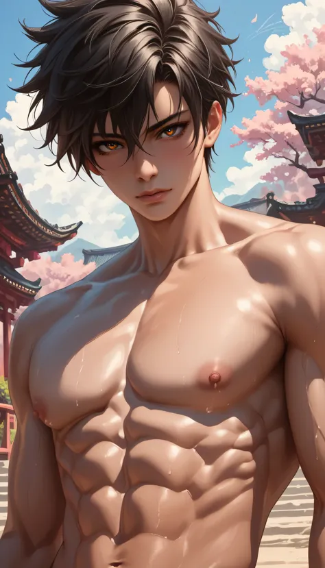 high quality, (japanese 12 y/o boy ), (detailed eyes), (black short hair), (abs), naked, (dark shiny skin), (detailed puffy nipp...