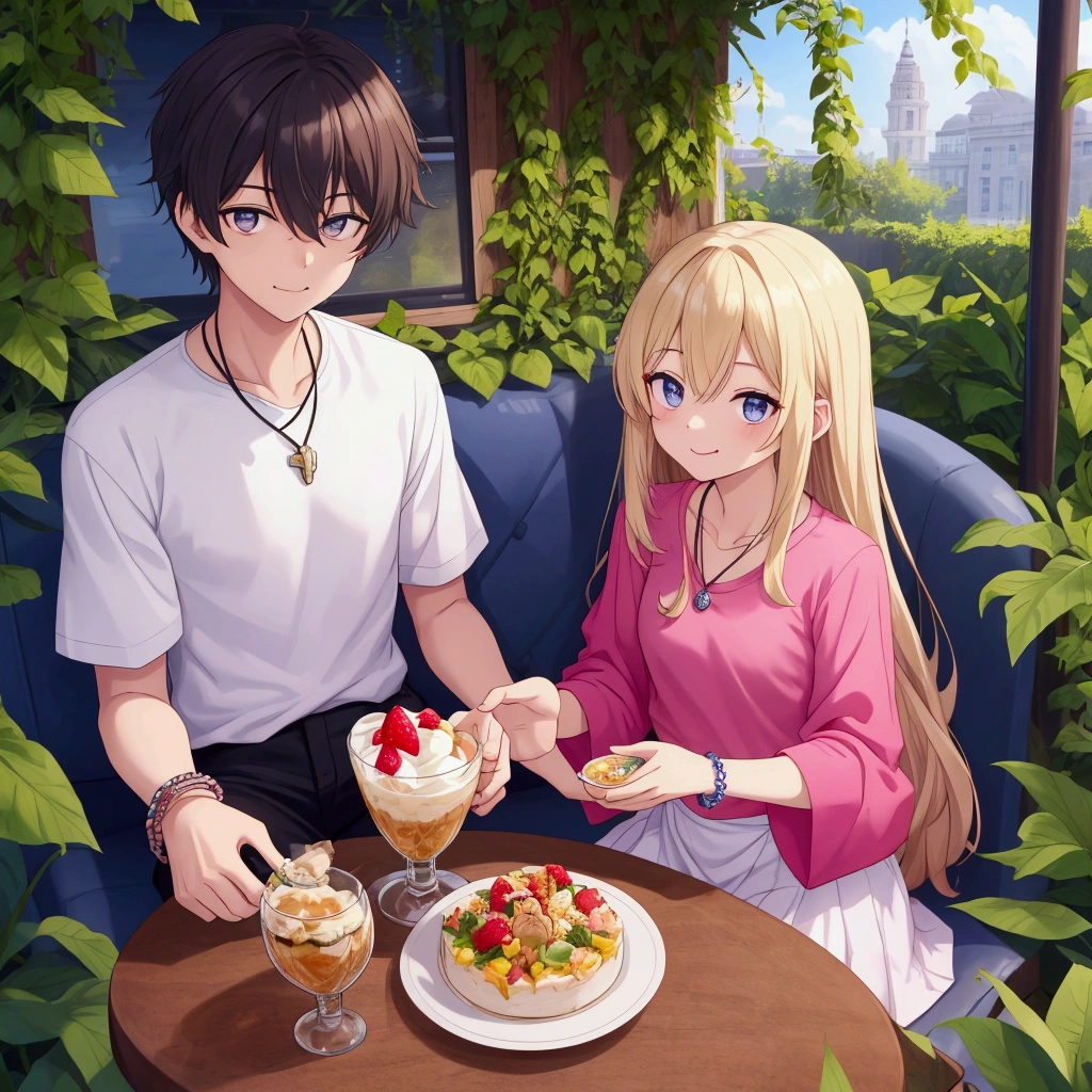 2 persons sitting in a summer cafe, on the terrace of which a Girl and a Guy are depicted. They are both sitting at the table., on which stands a large portion of parfait. The guy was holding a spoon with a small amount of parfait on it, he has a joyful look and his mouth is just as joyfully open. The girl has her eyes closed and at the same time she tucks a lock of hair behind her ear, also with his mouth slightly open. The summer terrace has greenery in the form of vines and flowers on it., the summer stand that was behind, if possible, you can throw in your character who either wipes something, or observes the whole situation. In terms of clothing, on the girl a t-shirt with thin sleeves but not reaching the stomach (topic in simple terms) She also had a small pendant with small runes in the shape of 8d. The guy was wearing a polo shirt with a homemade bracelet on his right hand., from different stones of bluish shades.