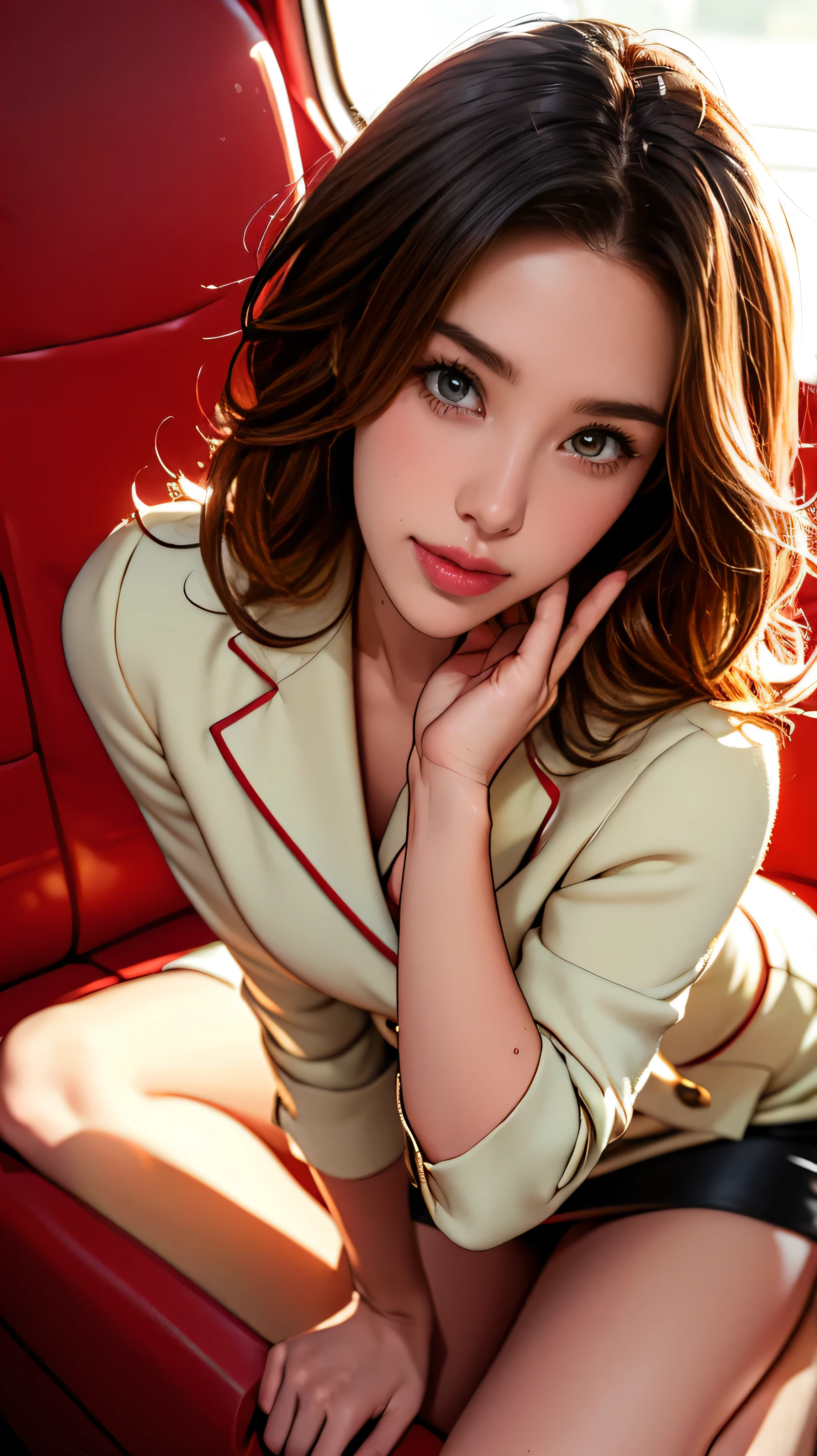 (Very detailed, Realistic, Highest quality, 4K, 8k, High resolution, masterpiece:1.3), An attractive flight attendant with a graceful and elegant figure. Erin Anderson is tall and slender, long, Wavy golden blonde hair styled in loose curls. She has attractive, friendly, bright green eyes.. She is wearing a provocative red velvet uniform., Pair it with a blazer jacket, Short pencil skirt, Black Stockings, Black high heels, Silk scarf, Side Cap. Her attitude is friendly and approachable, With a radiant smile that enhances her warm presence. The background is smooth, A modern private jet parked on the runway, Emphasise your role as an elite flight attendant. This scene captures her polished and professional appearance., highlighting her elegance and the luxurious environment in which she works, (Intricate details, Very finely crafted needles, Very finely crafted fingers, Full-body showcase, Show whole body).