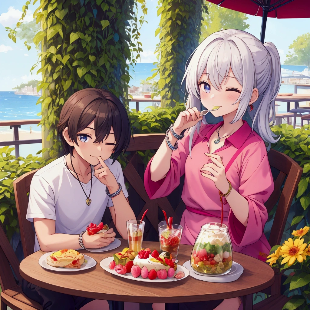 2 persons sitting in a summer cafe, on the terrace of which a Girl and a Guy are depicted. They are both sitting at the table., on which stands a large portion of parfait. The guy was holding a spoon with a small amount of parfait on it, he has a joyful look and his mouth is just as joyfully open. The girl has her eyes closed and at the same time she tucks a lock of hair behind her ear, also with his mouth slightly open. The summer terrace has greenery in the form of vines and flowers on it., the summer stand that was behind, if possible, you can throw in your character who either wipes something, or observes the whole situation. In terms of clothing, on the girl a t-shirt with thin sleeves but not reaching the stomach (topic in simple terms) She also had a small pendant with small runes in the shape of 8d. The guy was wearing a polo shirt with a homemade bracelet on his right hand., from different stones of bluish shades.