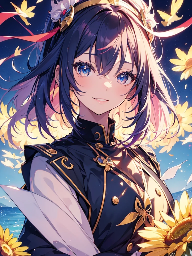 a beautiful figure of a portrait of a  anime girl with iconic colourful fashion,Wearing uniform, Sparkling eyes,Greetings to the viewers, sunny day, Gentle smile, Detailed luxury background, Depth of written boundary,正面figure, close, 32K UHD Style, Colorful arrangements, colorful brushwork, I can&#39;t believe this is so beautiful, Ferrania P30, figure,