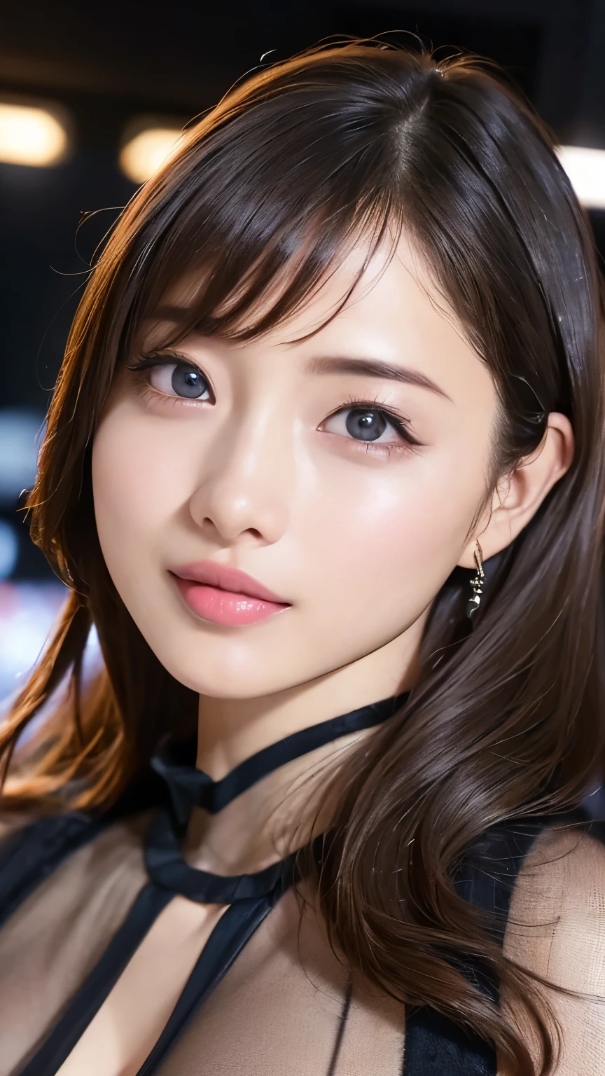 (8k, RAW Photos, Highest quality, masterpiece: 1.2)、Very detailed、Super Resolution、(Full body photography)、Natural color lip、Heavy eye makeup、(Super mini skirt tight dress costume 1.2), Gorgeous Accessories、Straight Hair、H cup breasts、Big Breasts:1.2、(Background of a high-end nightclub with a night view１.2)、(Dynamic Sexy Pose 1.2)、(Gorgeous Theme 1.2)、(With cleavage 1.2)、(((Blurred Background:1.5、Photo studio、Cinema Lighting、Professional Photographer)))